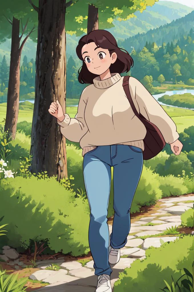 (masterpiece,best quality:1.3), 1girl, solo, wearing a sweater and jeans, tall, mature, walking in a lush mountain scape with trees and lakes