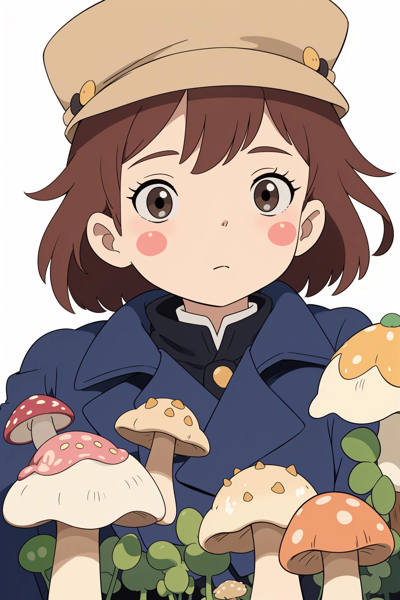 ((sticker design, white background)), lady, mushroom brown, (girl portrait:1.2), Pea Coat , (masterpiece, best quality:1.6), ghibli, at Twilight, City, pointe pose, denmark,