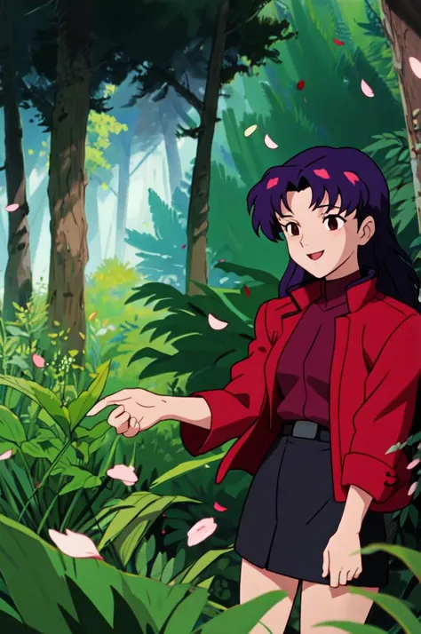 <lora:add_detail:0.2> Misato, 1girl, solo, dark long hair, long hair, dark eyes, red jacket, skirt, in the forest, happy, magical, flower petals, <lora:evangelion_anime_style_offset:0.7>