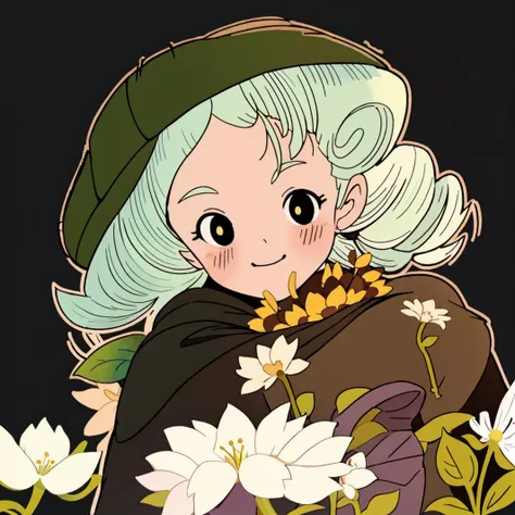 a naughty smile,Black Headwear,There are white flowers on the head,Green pupil,front view,upper_body,green hair,bunches,Curls,Black Cloak,white_background,<hypernet:Toru8pWavenChibi_wavenchibiV10b:1.0>