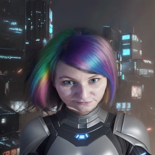 (Cyberpunk world, the city of the future), night moonlit sky. rainbow hair