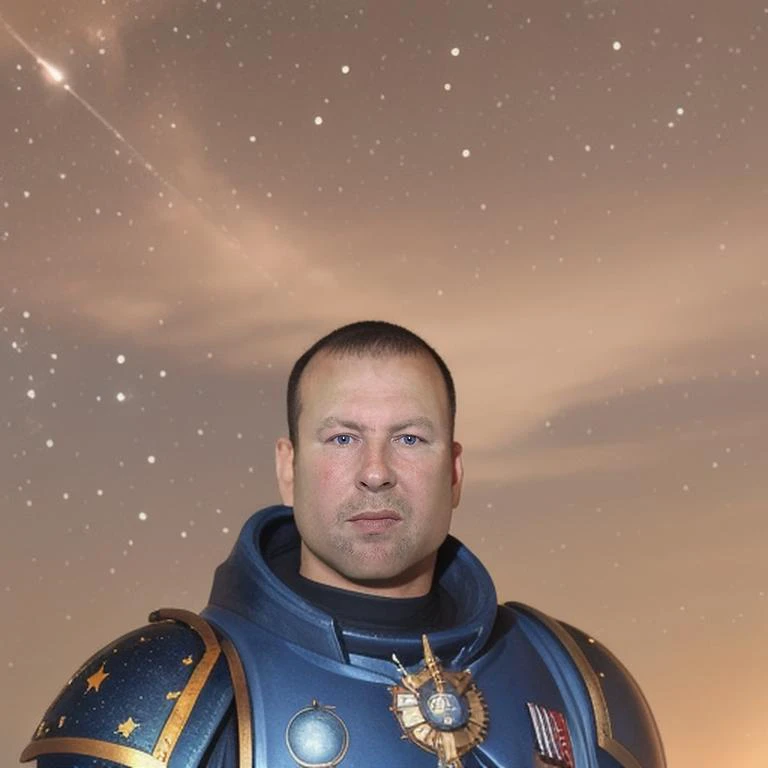 a man in a space marine costume, against the background of the starry sky