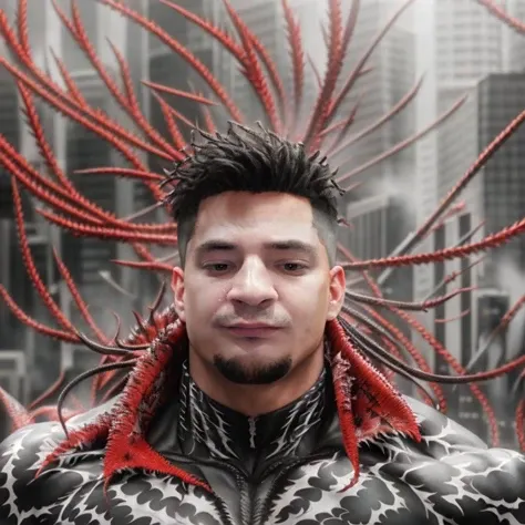 ((photorealism, extremely detailed)), ((natural appearance, correct anatomy)), (sharp focus, high quality). a man in the combining venom and carnage suit from Marvel into one entity, (venom AND carnage)