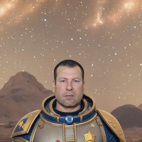 a man in a space marine costume, against the background of the starry sky