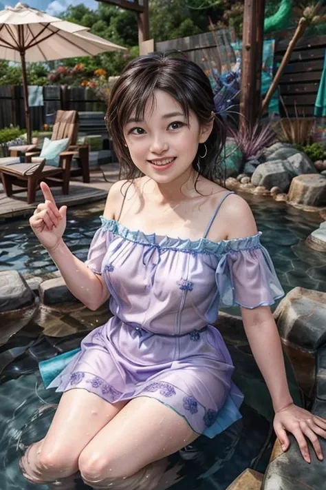 <lora:shihosdv100:1>, shiho, realistic photo, best quality, ultra high res, (8k),(High detail RAW color photo), (professional photograph),(photorealistic:1), (looking at viewer:1), Airport Terminal: "A busy airport terminal with travelers and flights", __style__, "A person with thinning hair, showing age and wisdom.", "A delicate periwinkle lace dress with cap sleeves, complemented by amethyst drop earrings.", Tempting Water Play: "A pose playing with water, adding a tempting effect", upper body, Euphoric Grin: "A face with a grin that shows extreme happiness", __occasion__, <lora:flat2:-0.5>, beautiful finger,