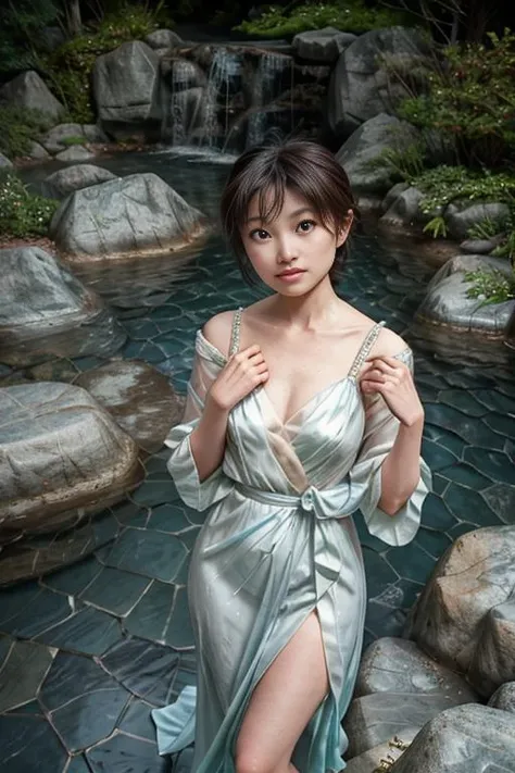 <lora:shihosdv100:1>, shiho, realistic photo, best quality, ultra high res, (8k),(High detail RAW color photo), (professional photograph),(photorealistic:1), (looking at viewer:1),    Misty Waterfall: "A misty waterfall in a lush mountain setting", __style__,  "A traditional bob cut, framing the face.", "A graceful mulberry silk gown with a flowy train, paired with elegant silver and pearl jewelry.", walking, portrait,  Reflective Pleasure: "A face showing pleasure with reflection and thought", __occasion__, <lora:flat2:-0.5>, beautiful finger,