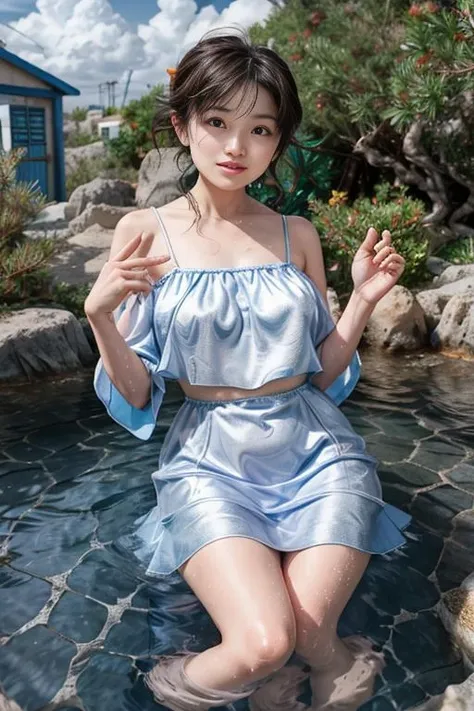 <lora:shihosdv100:1>, shiho, realistic photo, best quality, ultra high res, (8k),(High detail RAW color photo), (professional photograph),(photorealistic:1), (looking at viewer:1), Greek Island Village: "A whitewashed Greek Island village with blue domes", __style__, "A retro afro hairstyle, full and textured.", "A modern slate grey dress with metallic shine, accessorized with gunmetal geometric pieces.", Tempting Water Play: "A pose playing with water, adding a tempting effect", full body, Subtle Allure: "A face with a subtle and gentle allure", __occasion__, <lora:flat2:-0.5>, beautiful finger,