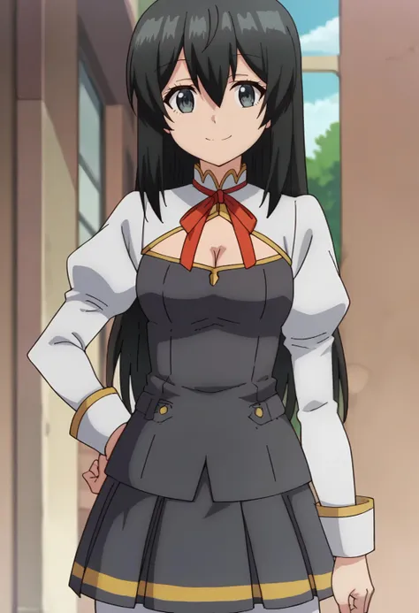 <lora:Alice Starga2batch :1> alice starga, black hair, long hair, 1girl, hair between eyes, solo, grey eyes,  ,cleavage, long sleeves, puffy sleeves,red ribbon , black skirt, school uniform, smile, score_9, score_8_up, score_7_up, , anime coloring ,BREAK source_anime, anime