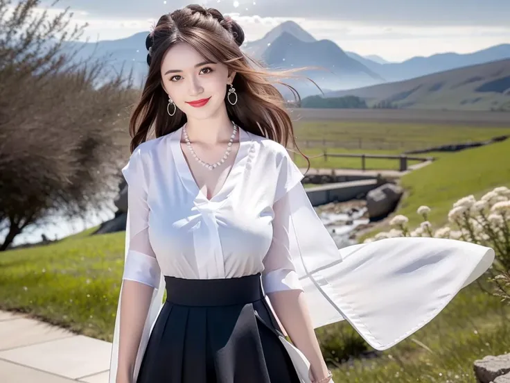 1girl,best quality, masterpiece,Dark hair, dark eyes, upper body, sun flare, outdoors, mountain, valley, sky. clouds, smiling, white shirt, black skirt, long hair, hdr,  two-tone hair, looking at viewer, crystal earrings, necklace,  jewelry, hanfu,large breasts, wet, <lora:hanfu_v28:0.6>, <lora:mimi_V3:0.5>, <lora:cuteGirlMix4_v10:0.5>,long legs, white stockings