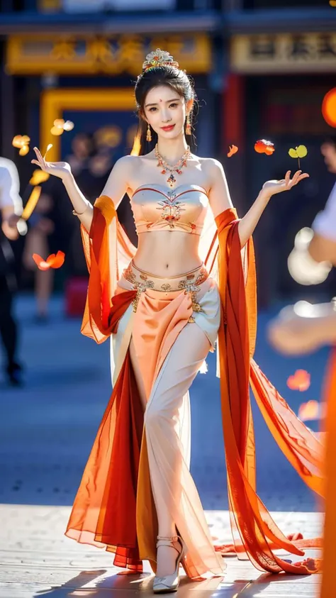 (goddess-like happiness,flirtatious ,seductive:1.4),(RAW photo:1.2),(photorealistic:1.6),(lens 135mm,f1.8:1.2),(ultimate quality, masterpiece:1.3),(intricate details:1.2),(detailed face:1.2),dramatic,ray tracing,fashion photograph,fFaceDetail,Full body,<lora:PerfectBreastsV4-offset:0.3:lbw=BODY>,<lora:goodhands_Beta_Gtonero:0.5:lbw=HAND>,good hands,(nsfw),<lora:inniesbettervaginas_v11:0.3:lbw=BODY>,<lora:PinkNipples:0.3:lbw=BODY>,pnl,Sharp focus,cinematic lighting,
<lora:æ¥åªChinaDollLikenessYangmi_v10:0.8:lbw=FACE>,,
<lora:dunhuangV3:0.8>,(dunhuang,dunhuang_face,Chinese Dunhuang Flying Fairy,floating clothes,floating flower,pov legs,thighs,dunhuang cloths,hanfu,waist cape,strapless,navel,robe:1.2),
(1girl,solo,outdoors,dancing crowd street:1.6),confident smile,beautful face,(large breasts, narrow waist:1.2),sexy body,perfect body,shiny hairs,hair ornament,earrings,necklace,jewelry,confident,showcasing,buzzing atmosphere,