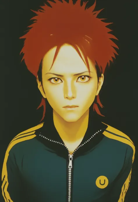 Hideto Matsumoto, solo, looking at viewer, 1boy, closed mouth, jacket, upper body, male focus, red hair, zipper, yellow theme, masterpiece, official art, <lora:hide_SDXL:0.8>