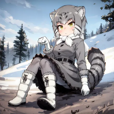 (masterpiece, best quality, high resolution, distinct image), cinematic lights, 1girl, solo, <lora:manul:0.75>, grey hair, multicolored hair, cat tail, cat ears, yellow eyes, striped tail, short hair, scarf, fur trim, grey skirt, white footwear, white gloves, frilled skirt, grey pantyhose, multicolored clothes, eyelashes, grey jacket, long sleeves, fur collar, fur-trimmed boots, buckle, belt buckle, white hair, elbow gloves, two-tone hair, white scarf, fur-trimmed sleeves, grey footwear, forest, snow, paw pose, pallas's cat \(kemono friends\),