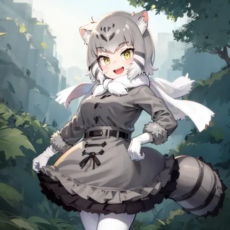 (masterpiece, best quality, high resolution, distinct image), cinematic lights, 1girl, solo, <lora:manul:0.7>, tail, grey hair, multicolored hair, cat_tail, cat ears, yellow eyes, striped tail, short hair, scarf, fur trim, grey skirt, white footwear, white gloves, frilled skirt, grey pantyhose, multicolored clothes, grey jacket, long sleeves, fur collar, fur-trimmed boots, buckle, belt buckle, white hair, elbow gloves, two-tone hair, white scarf, fur-trimmed sleeves, forest, cowboy shot, light smile,