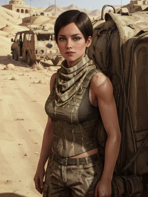 metroannamiller wearing armored tank top and scarf, desert like arera with a building in the background, wallpaper, intricate, sharp focus, ray tracing, rtx, professionally color graded, professional photography, masterpiece, ultra detailed, high quality, top quality, best quality, 4k, 8k, raw <lora:metroannamiller:0.58>