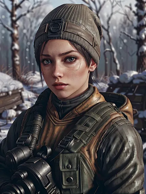 woman, metroannamiller wearing a post apocalyptic outfit with beanie standing in a forest, skin details, snowy weather, wallpaper, intricate, sharp focus, ray tracing, rtx, professionally color graded, professional photography, masterpiece, ultra detailed, high quality, top quality, best quality, 4k, 8k, raw <lora:metroannamiller:0.58>