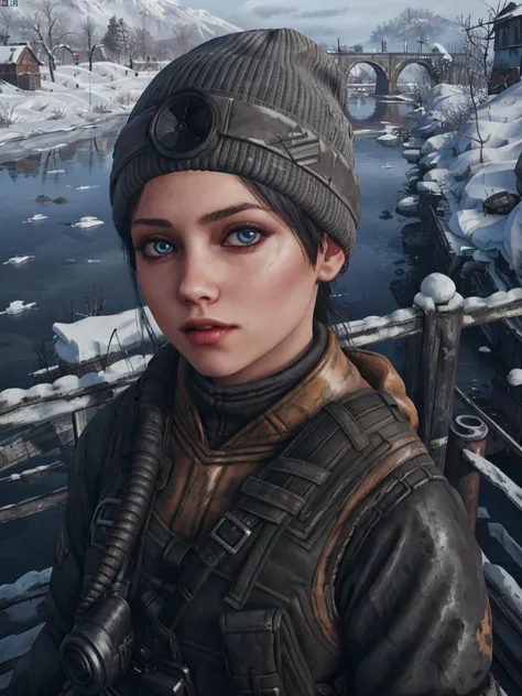woman, metroannamiller wearing a post apocalyptic outfit with beanie standing in a bridge, lake background, snowy weather, wallpaper, intricate, sharp focus, ray tracing, rtx, professionally color graded, professional photography, masterpiece, ultra detailed, high quality, top quality, best quality, 4k, 8k, raw <lora:metroannamiller:0.58>