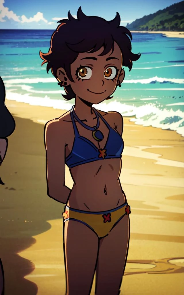 flat chest, skinny, 1girl,closed_mouth,smile,looking_at_viewer,blue bikini,standing,arms behind back, smiling, beach, luz, short hair, luz_timeskip, brown eyes, brown hair, short hair, earrings, jewelry, dark skin, <lora:luz_timeskip:0.8>