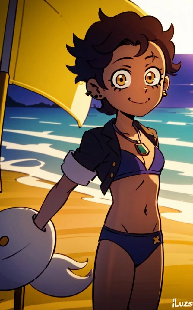 flat chest, skinny, 1girl,closed_mouth,smile,looking_at_viewer,blue bikini,standing,arms behind back, smiling, beach, luz, short hair, luz_timeskip, brown eyes, brown hair, short hair, earrings, jewelry, dark skin, <lora:luz_timeskip:0.8>