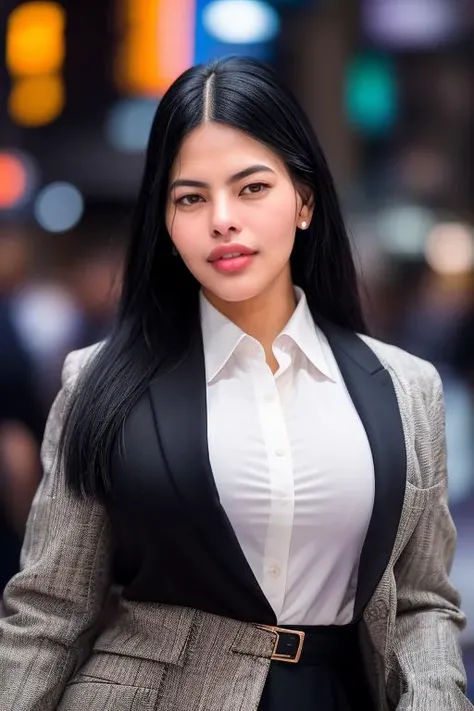 (masterpiece), best quality, realistic, 1girl, janerodbd, black eyes, lips, dirty face, dirty clothes, latina, pinstripe jacket, pinstripe pants, shirt, high-waist pants, belt, black hair, single hair bun, simple background, creepy background, forest, myst, (looking at viewer:1.2), flustered, smirk, perfect lighting, curvy, thick, wide hips, (large breasts:1.2), cleavage, busty
