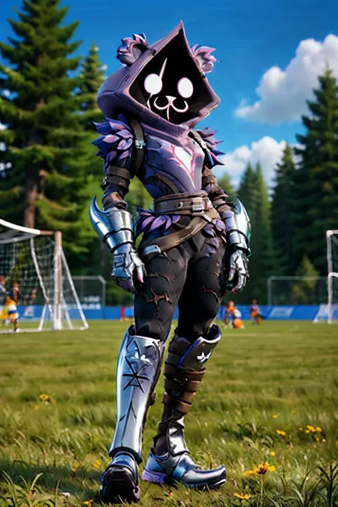 Raven Team Leader, purple hood, animal ears, shaded face, purple skin, scar on eye, (furry), (body fur:1.2), metal gloves, metal boots, purple fur, belt, straps, torso symbol, looking at viewer, :3, full body shot, standing, outside, soccer field, trees, blue sky, high quality, masterpiece, <lora:Raven_TL:.9>