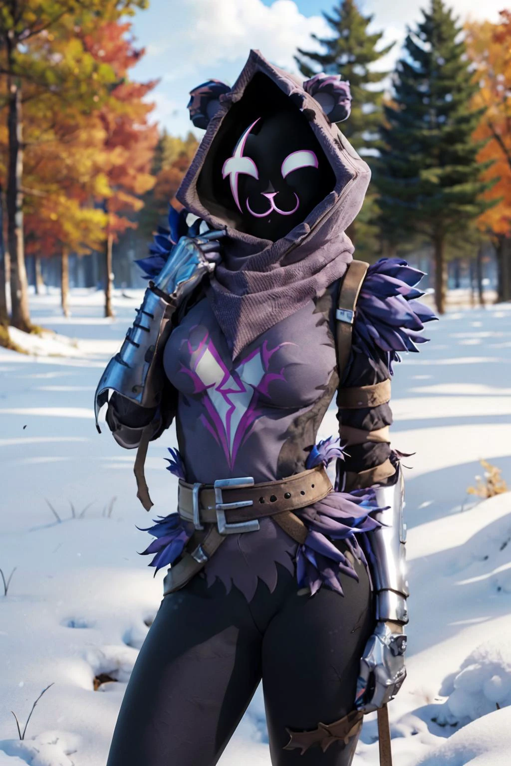 Raven Team Leader, purple hood, animal ears, shaded face, purple skin, scar on eye, (furry), (body fur:1.2), metal gloves, purple fur, belt, straps, :3, torso symbol, looking at viewer, standing, outside, park, field, trees, snow, autumn, overcast, high quality, masterpiece, <lora:Raven_TL:.9>
