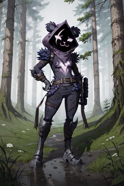 Raven Team Leader, 1girl, purple hood, animal ears, shaded face, purple skin, scar on eye, (furry), (body fur), purple fur, belt, straps, :3, torso symbol, metal gloves, metal boots, outdoors, forest, holding gun, pistol, mud, leaves, grass, <lora:Raven_TL:1>