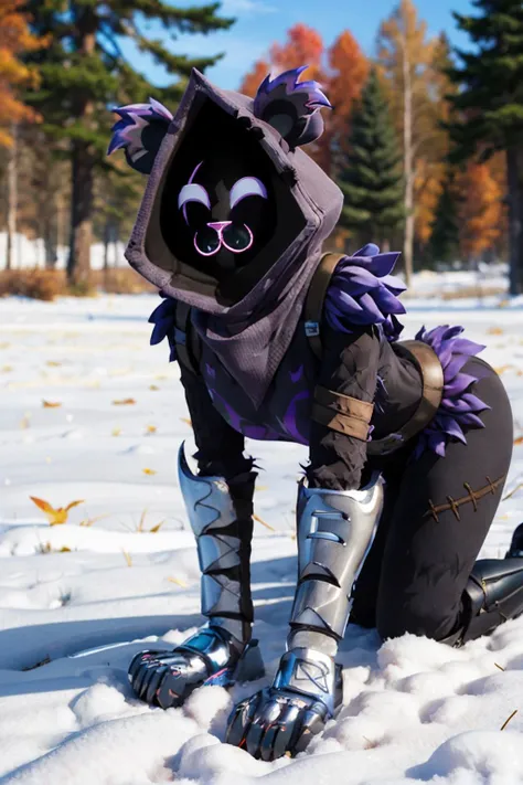 Raven Team Leader, 1girl, purple hood, pink eyes, neon eyes, shiny eyes, animal ears, shaded face, purple skin, scar on eye, (furry), (body fur:1.2), purple fur, belt, straps, :3, torso symbol, metal gloves, upper body, outdoors background, closed eyes, christmas, Christmas tree, snow falling on forest, wide hips, navel, fluf tail, big ass, looking back, short tail, hioshiru personalami