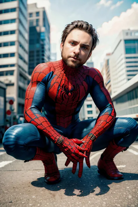 <lora:CharlieDay_IASIP:0.8> charlieday_iasip, charlie day, <lora:SpidermanClasic_v1.0:1> spidermanclasic, spiderman, spider-man, spidermanclassic, rooftop, skyline, squatting,, (photorealistic:1.4), (highly detailed skin),4K, RAW, best quality, (masterpiece), (ultra-detailed), (hyperrealism:1.2), extremely detailed eyes, (extremely detailed face), full body, textured skin, looking at camera, (photorealistic), hyperdetailed:1.2), insane details,