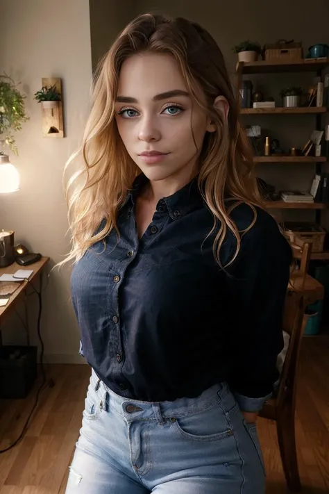 ((best quality)), ((masterpiece)), ((realistic)), caucasian woman, melinagoran <lora:melina-000004:0.8>, blonde hair, black shirt, jeans, perfect lighting