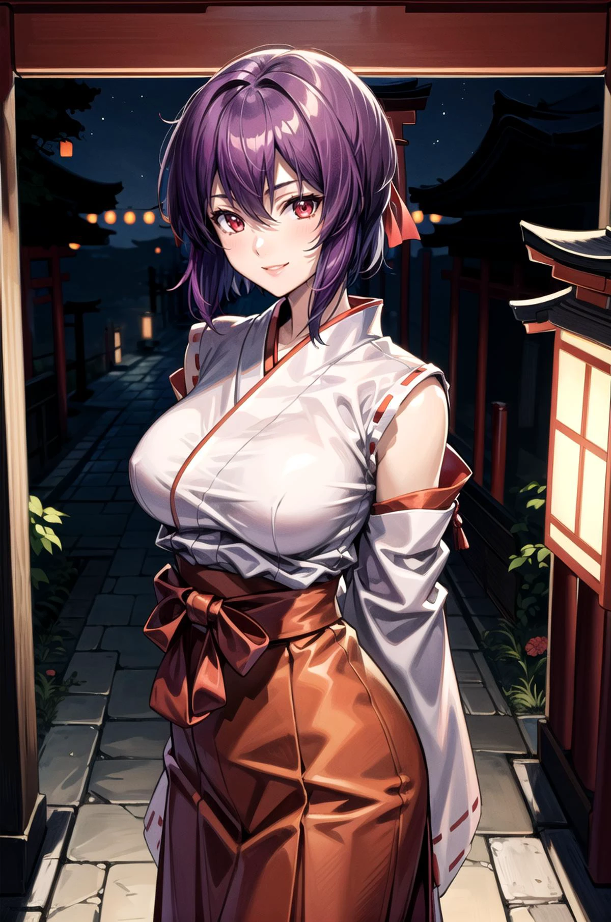 (masterpiece, best quality, detailed), 1girl, solo, aakusanagi, short hair, purple hair, large breasts,
miko, japanese clothes, red hakama, hakama skirt, wide sleeves, white kimono, ribbon trim, outdoors, night, torii, shrine, east asian architecture, smile, arms behind back
