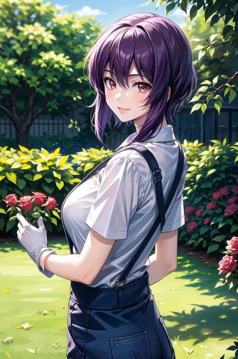 (masterpiece, best quality, detailed), 1girl, solo, aakusanagi, short hair, purple hair, large breasts, 
outdoors, garden, rose, grass, sunlight, day, blue sky, butterfly, overalls, white shirt, short sleeves, white gloves, smile