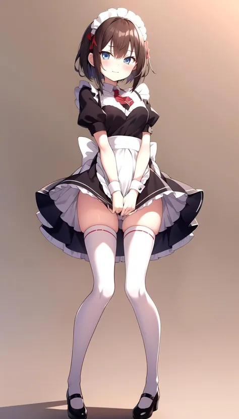 (Arms covering crotch:1.1), Maid dress, Full body, Stand, masterpiece, best quality, <lyco:covering_crotch:0.8>