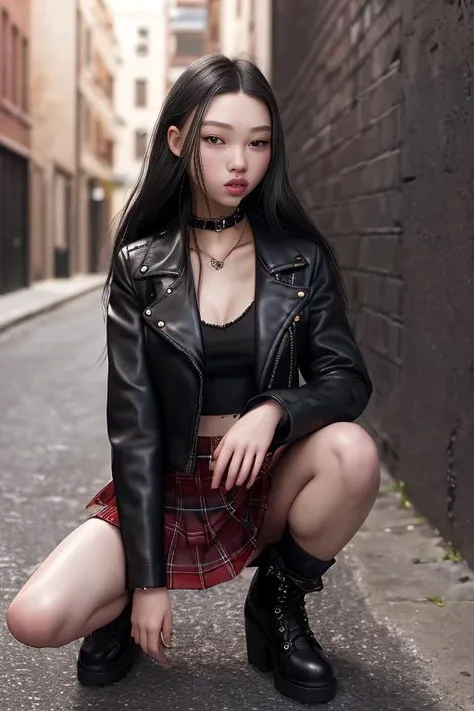 ((realism)), lips, detailed background, 1girl, yoonyoungbae squatting in a dark alley, wearing a leather jacket, (plaid skirt), leather boots, studded choker, black hair, (soft smile), looking at viewer, wide hips