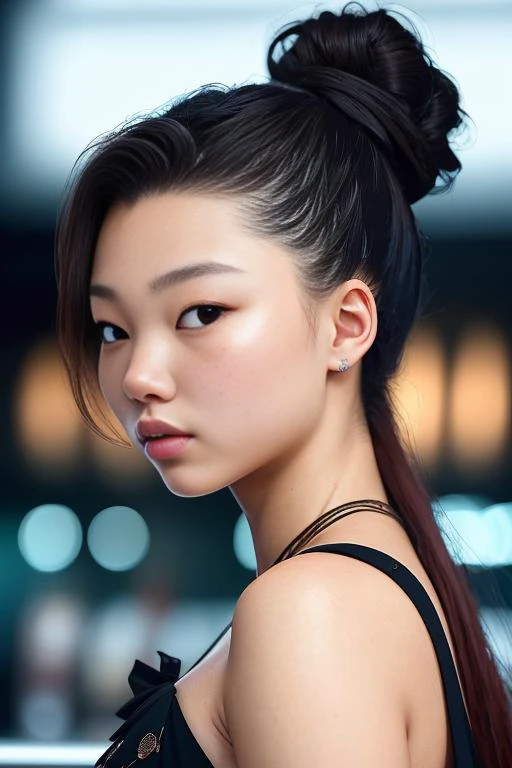 portrait photo of yoonyoungbae beautiful woman hair updo upsweep nightclub sitting at bar (masterpiece) (best quality) (detailed) (8k) (HDR) (wallpaper) (cinematic lighting) (sharp focus) (intricate)
