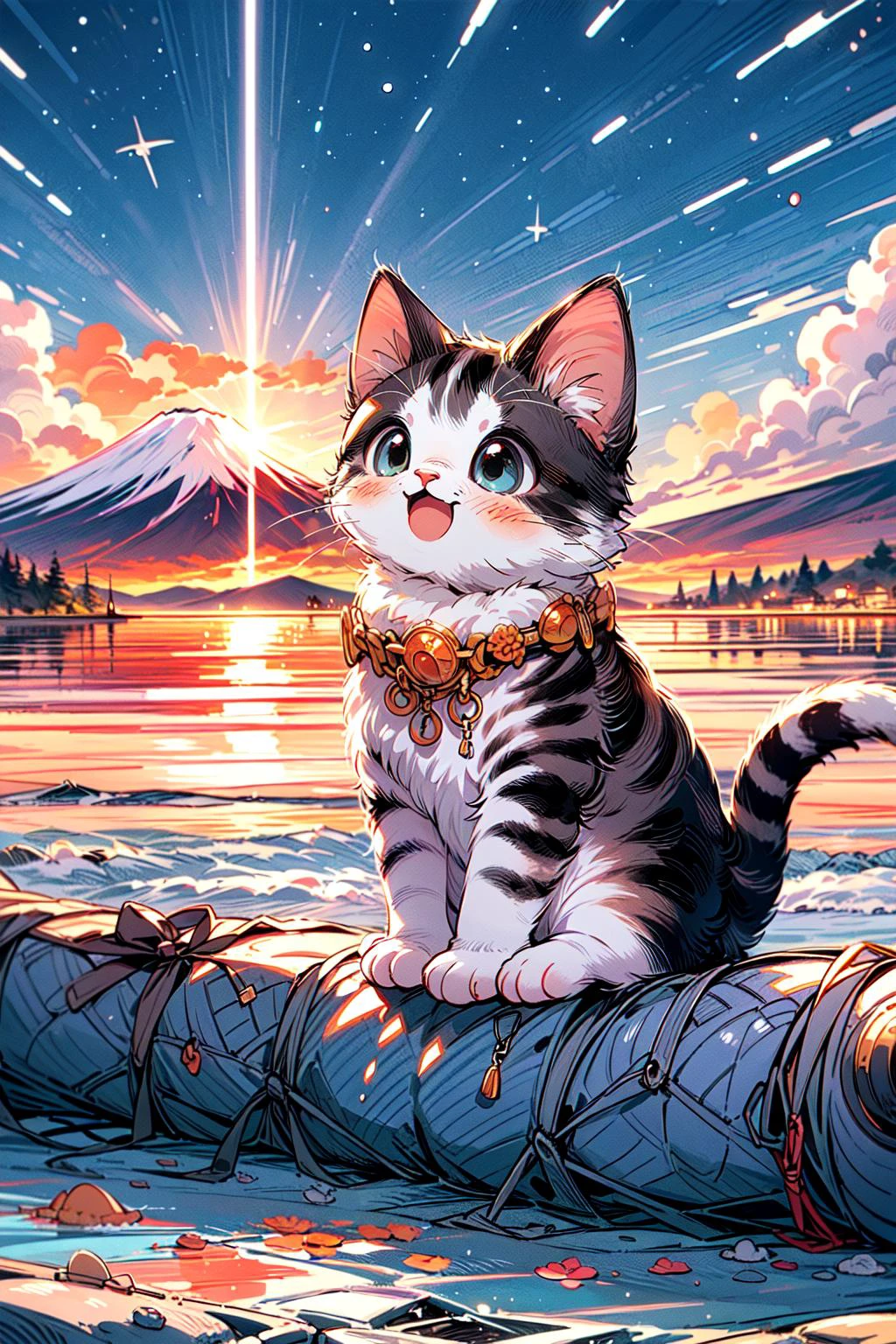 <lora:cat_20230627113759:0.7>, cat, happy smile, soft light, light on face, dynamic posture,
BREAK((solo, 1cat, adorable , young cat, cute cat, short hair), (full body:1.35), dynamic angle, detailed shadow, detailed lightning, (wide view, wide-angle lens)),
BREAK(cozy, outdoor, <lora:happyNewYear:0.4>, firstSunrise,outdoors,mount fuji,mountainous horizon,sunrise,sunset,sunlight,city,ocean),
BREAK(<lora:more_details:0.6>, extremely detailed, CG, 8k Amazing, finely detail, (masterpiece:2.0, best quality), (intricate details, depth of field)),
RAW photo, 8k UHD,