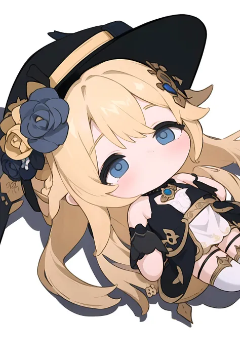 (high quality, best quality),
1girl, perfect face,
Navia, blond hair, long hair, frilled hair, blue eyes, neck ornament, hat, corset dress, cleavage,
 <lora:Navia__Genshin_Impact-000011:0.6> 
 <lora:QiqiFallen:0.8> QiqiFallen, chibi, on back