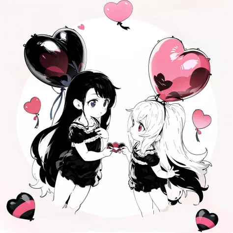masterpiece,flat_design,monochrome background,greyscale,partially colored,spot color,
2 cute girls,holding red AND pink heart ballons,floating,farshot,flat illustration,
<lora:Monochrome_illustration-000018:1>,<lora:flat illustration:1>,