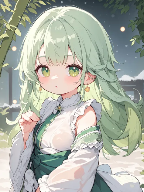 Perfect features, (Masterpiece), (Top quality), Moist skin, Glowing skin, (Good quality), Detailed details, Earrings, Raytracing, (See-through), (Bokeh), (Depth field), Girl, White and green hair. midnight, blooming, ambient occlusion, glow, glow, light particles, transparent, translucent, depth of field, snow, wind  <lora:800s:1>
