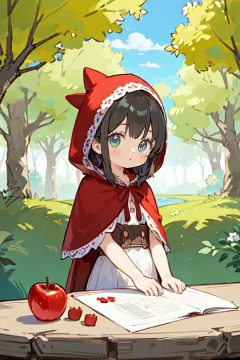 little red riding hood, <lora:little_red_riding_hood_psoft:1>, 1girl, solo, forest, red apples, outdoors, apple tree, looking at viewer, masterpiece, best quality, top quality, ultra-detailed, professional illustration, animation, official art, beautiful and aesthetic, detailed background, hires
