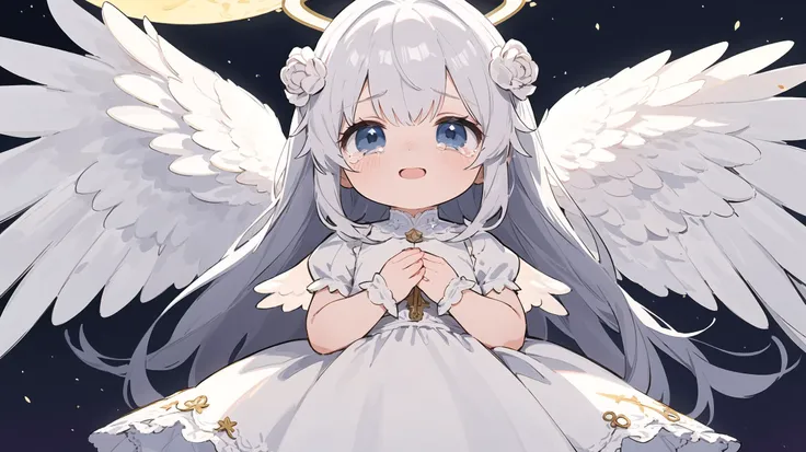 masterpiece, a fine fantasy art, perfect composition, colorful, extremely detailed, 
a young child with angel wings standing in the sky with a halo around his head, long hair, solo, white night dress, Anne Geddes, angelic, 
outside, in the heaven, looking to the viewer, close up, smile, crying a lot,