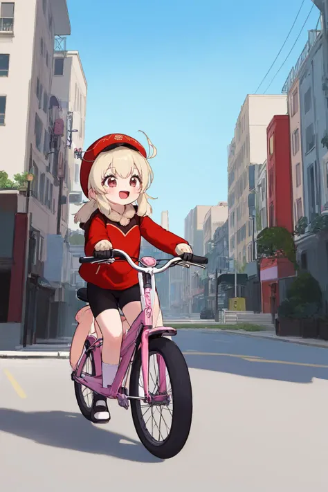 an extremely delicate and beautiful,extremely detailed,ultra-detailed,
(8k, RAW photo, best quality, masterpiece:1.2),
girl wearing red cap,canvas shoes,holding tablet,riding shared bicycle,urban environment,cityscape background,old apartment building,weekend scene,specific urban atmosphere,retro vibes,modern touches,clear skies,daylight,animated style,expressive face,joyful expression,happy demeanor,childhood memories,meaningful journey,vivid colors,<lora:klee0001:1>,