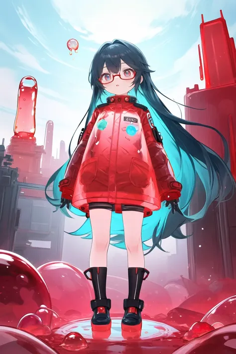 best quality, sharp details, detailed eyes , solo,, 1girl,scifi uniform, outdoors, long_hair, glasses, full body, standing, gelatintech, transparent, colored red coat, at gelatintech hiils