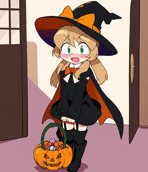 <lora:Averiv0.9:.7>, indoors,door,open door,halloween,halloween bucket,lollipop,sidelocks,1girl,solo,witch,kawaii,full body, green eyes,blush,nose blush,open mouth,^^^,wavy mouth,(evil smile:1.3),fang,embarrassed,v-shaped eyebrows,bangs,o_o,long hair,twintails, standing,hand between legs,between legs,trembling,trick or treat, hat,witch hat,halloween costume,dress,black dress,short dress,bowtie,red bowtie,bow,red bow,black headwear,stocking,black stocking,boots,knee boots,black footwear,long sleeves,capelet,cape,red capelet, Masterpiece, best quality