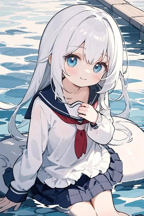 high resolution, beautiful detailed girl, ultra detailed, masterpiece, best quality, kawaii, cute, student, can see the chest, glimpse, school water,white hair, long hair, blue eyes, light smile,