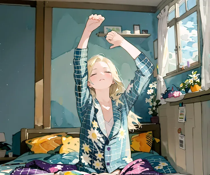 masterpiece,(watercolor pencil \(medium\):1.5),1 girl,half closed eyes,sunbeam,upperbody,front view,purple quilt,blonde hair,in bedroom,stretching,bed,painting on wall,blue grid pajama,windows,plants,mirror,flower,pillow,