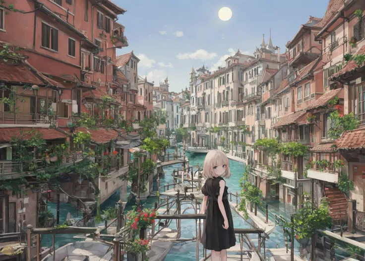 (best quality, masterpiece:1.3), (solo, smile, standing, looking at viewer, cowboy shot:0.5),
black dress, moonlight, stairs, 
architecture, bridge, building, castle, chain-link fence, city, city lights, cityscape, day, east asian architecture, house, outdoors, river, road, sky, skyline, skyscraper, 
BREAK
path, venice,  tower, town, red roof, (1girl, blue eyes, blonde hair, medium hair:0.6), wakame,
