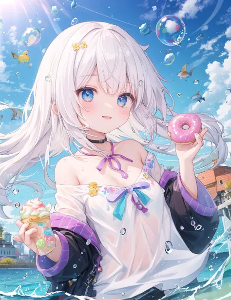 absurdres,1girl,medium_shot,cutest,evil smile,(white hair),long hair,off-shoulder_shirt,((water drops)),wet clothes,((beautiful detailed water)),((floating)),dynamic angle,bookshelf,computer,power_lines,cream,dango,doughnut,cotton_candy_,ice_cream,city,aquarium,railroad tracks,in summer,ocean,rainbow,(((colorful bubble))),shine,(realistic:0.4),