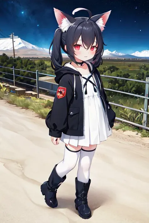 1girl, flat chest, short hair, black hair, ahoge, messy hair, payot, twintails, short twintails, animal ears, animal ear fluff, bat ears, bangs, hair between eyes, bat hair ornament, expressionless, empty eyes, red eyes, glowing eyes, white dress, short dress, pleated skirt, hooded jacket, black jacket, open jacket, open clothes, black hood, hood down, long sleeves, wide sleeves, sleeves past wrists, sleeves past fingers, black thighhighs, zettai ryouiki, boots, black footwear, desert, control gate, restricted area sign, barbed wire fence, dry lakebed, security camera, barren landscape, military plane, night sky, warning sign, distant mountains, observation tower, area 51, masterpiece, best quality, official art, extremely detailed CG unity 8k wallpaper, artbook, yuzu-soft, kobuichi, muririn,