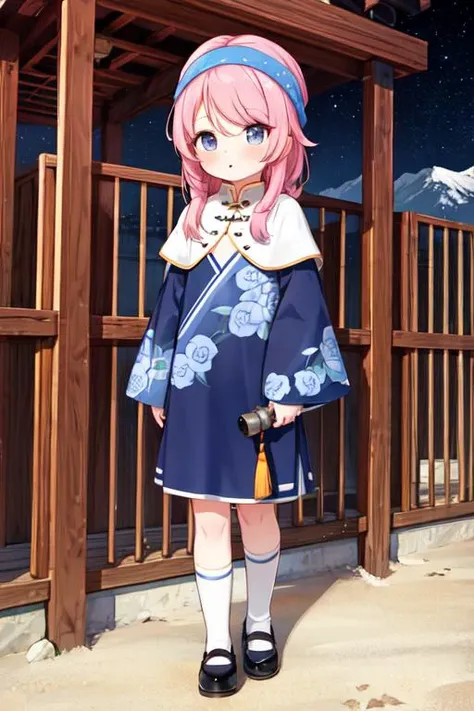 1girl, flat chest, parted bangs, very long hair, red hair, single sidelock, straight hair, forehead, black eyes, chinese clothes, blue clothing, long sleeves, frilled sleeves, wide sleeves, bottomless, china socks, white socks, cloth shoes, black footwear, headscarf, chinese style headscarf, peasant headscarf, blue headscarf, desert, control gate, restricted area sign, barbed wire fence, dry lakebed, security camera, barren landscape, military plane, night sky, warning sign, distant mountains, observation tower, area 51, masterpiece, best quality, official art, extremely detailed CG unity 8k wallpaper, artbook, yuzu-soft, kobuichi, muririn,