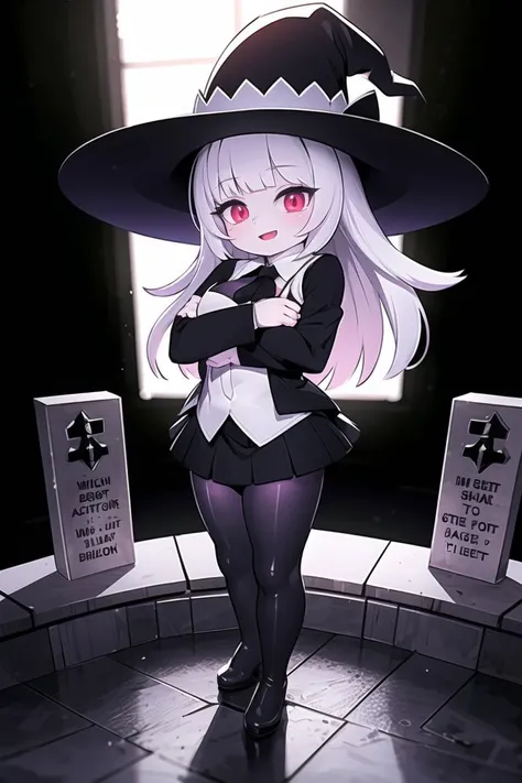 ((Ambient Occlusion, Dramatic Lighting)),tall, pale skin, (white skin), long hair, black hair, glowing eyes, red eyes, smile, demon girl, witch hat, (purple clothing), (black pantyhose), thigh boots, tiny focus, dynamic pose, graveyard, Tilt-Shift, Low Angle Shot, <lora:Constricted Pupils5:0.1>